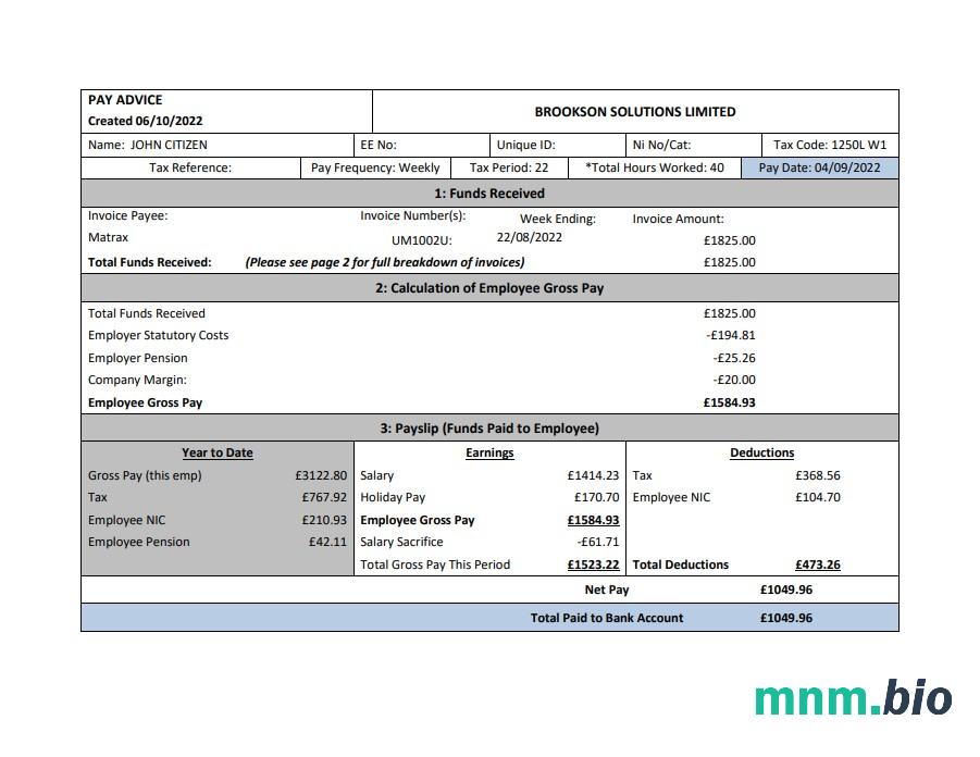 USA Brookson solutions limited payslip